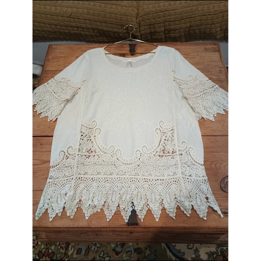 Ivory Embroidered Lapis Crochet Lace Boho Tunic Cottagecore Whimsical Beach Sz M
